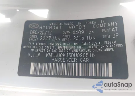 2013 Hyundai Genesis 3.8 Track z USA, uszkodzony, nr VIN KMHHU6KJ5DU096816